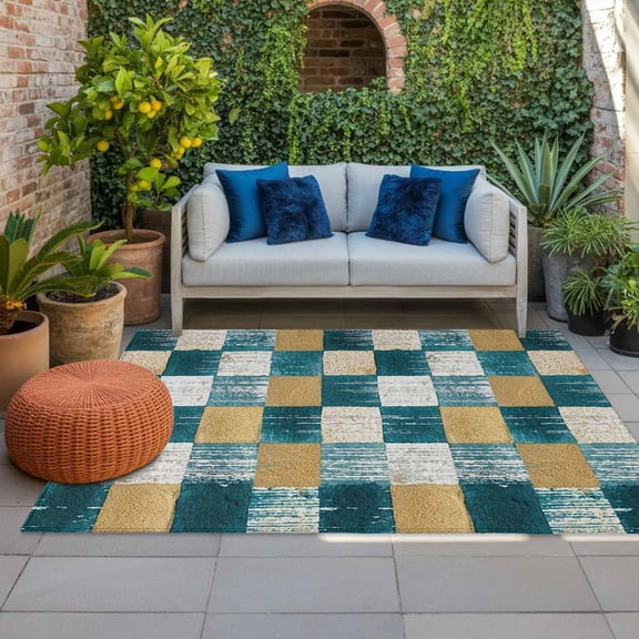 Outdoor Rug 3x5 ft Teal Gold Squares Block Outdoor Large Area Rug Non Slip Rubber Geometric Checkerboard Front Door Mat RV Rug Camping Carpet Patio Outdoor Rugs for Backyard Balcony Deck Porch