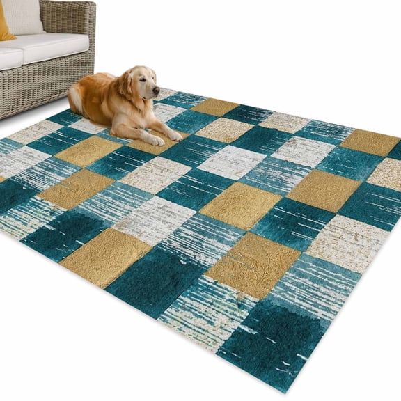Outdoor Rug 3x5 ft Teal Gold Squares Block Waterproof Outdoor Patio Rug Mat Non Slip Outside Area Rugs Carpet for RV,Camping,Porch,Deck,Pool,Balcony,Backyard, Geometric Checkerboard