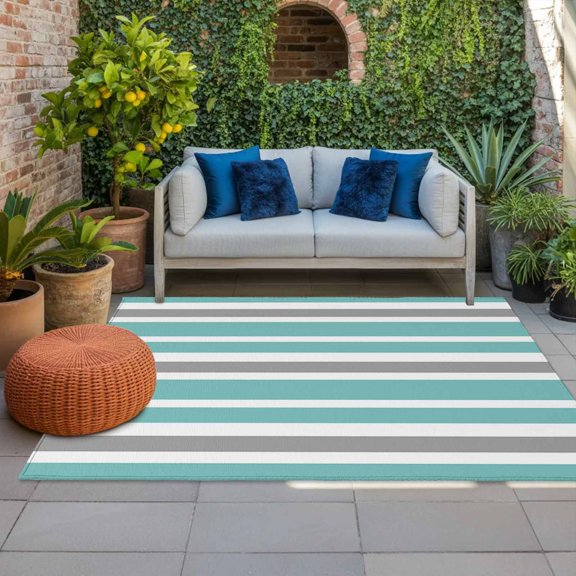 Outdoor Rug 3x5 ft Teal Green, White and Grey Stripes Outdoor Large Area Rug Non Slip Rubber Striped Pattern Front Door Mat RV Rug Carpet Patio Outdoor Rugs for Backyard Balcony Deck Porch Indoor