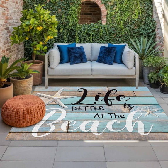 Outdoor Rug 3x5 ft Teal Wood Grain Outdoor Large Area Rug Non Slip Rubber Starfish Life Is Better at The Beach Front Door Mat RV Rug Carpet Patio Outdoor Rugs for Backyard Balcony Deck Porch Indoor