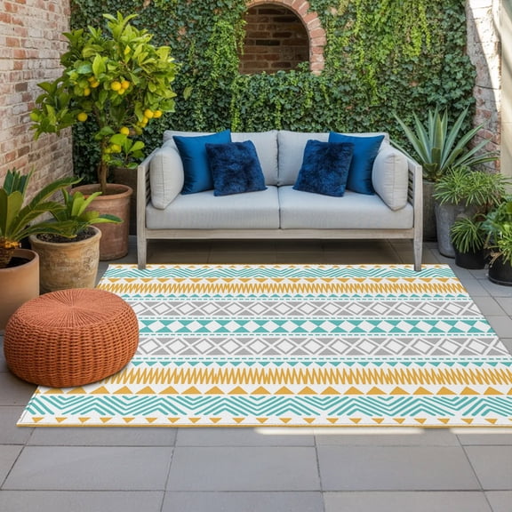 Outdoor Rug 3x5 ft Teal Yellow Geometric Lines Outdoor Large Area Rug Non Slip Rubber Zigzag Diamonds Arrows Dots Front Door Mat RV Rug Carpet Patio Outdoor Rugs for Backyard Balcony Deck Porch
