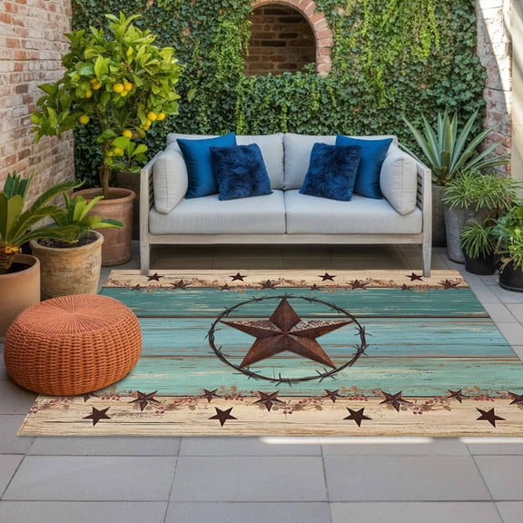 Outdoor Rug 3x5 ft Texas Star Teal Outdoor Large Area Rug Non Slip Rubber Farm Wood Grain Front Door Mat RV Rug Camping Carpet Patio Outdoor Rugs for Backyard Balcony Deck Porch Indoor