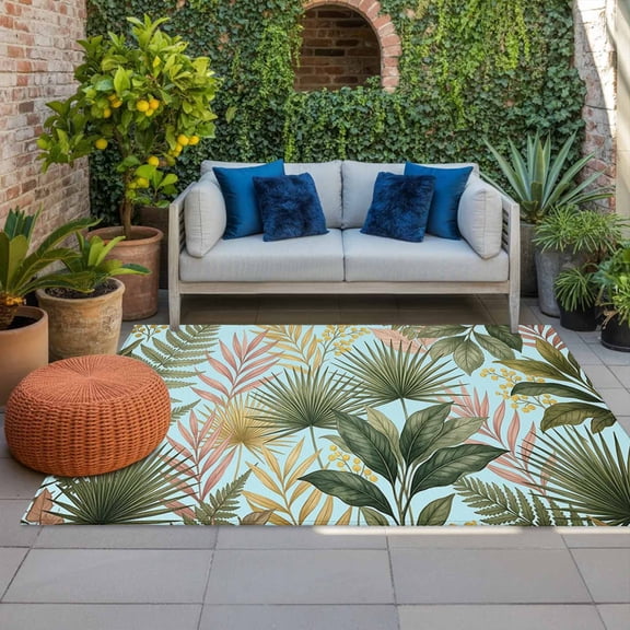 Outdoor Rug 3x5 ft Tropical Palm Leaves Outdoor Large Area Rug Non Slip Rubber Blue Berry Fern Leaf Front Door Mat RV Rug Camping Carpet Patio Outdoor Rugs for Backyard Balcony Deck Porch Indoor