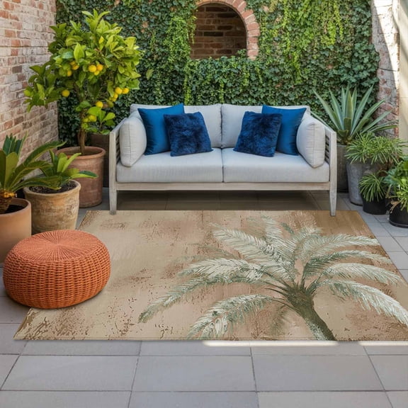 Outdoor Rug 3x5 ft Tropical Palm Tree Outdoor Large Area Rug Non Slip Rubber Brown Graffiti Coastal Island Front Door Mat RV Rug Camping Carpet Patio Outdoor Rugs for Backyard Balcony Deck Porch
