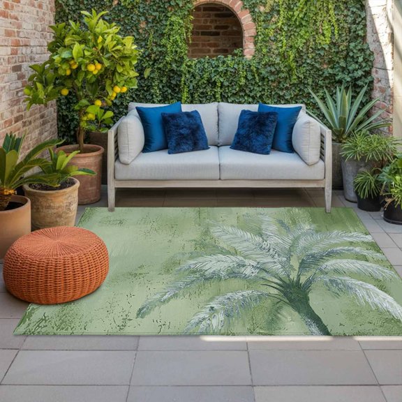 Outdoor Rug 3x5 ft Tropical Palm Tree Outdoor Large Area Rug Non Slip Rubber Green Graffiti Coastal Island Front Door Mat RV Rug Camping Carpet Patio Outdoor Rugs for Backyard Balcony Deck Porch