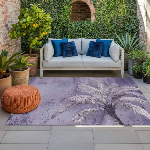 Outdoor Rug 3x5 ft Tropical Palm Tree Outdoor Large Area Rug Non Slip Rubber Purple Graffiti Coastal Island Front Door Mat RV Rug Camping Carpet Patio Outdoor Rugs for Backyard Balcony Deck Porch