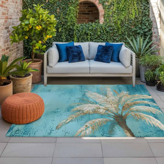 Outdoor Rug 3x5 ft Tropical Palm Tree Outdoor Large Area Rug Non Slip Rubber Teal Blue Graffiti Coastal Island Front Door Mat RV Rug Camping Carpet Patio Outdoor Rugs for Backyard Balcony Deck Porch