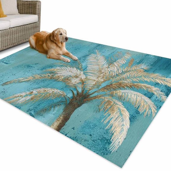 Outdoor Rug 3x5 ft Tropical Palm Tree Waterproof Outdoor Patio Rug Mat Non Slip Outside Area Rugs Carpet for RV,Camping,Porch,Deck,Pool,Balcony,Backyard, Teal Blue Graffiti Coastal Island