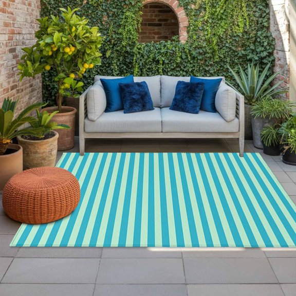Outdoor Rug 3x5 ft Turquoise Stripes Outdoor Large Area Rug Non Slip Rubber Classic Vertical Striped Front Door Mat RV Rug Camping Carpet Patio Outdoor Rugs for Backyard Balcony Deck Porch Indoor