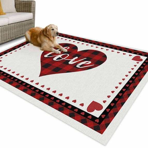 Outdoor Rug 3x5 ft Valentines Day Waterproof Outdoor Patio Rug Mat Non Slip Outside Area Rugs Carpet for RV,Camping,Porch,Deck,Pool,Balconybackyard,Red and Black Buffalo Check Plaid Love Hearts