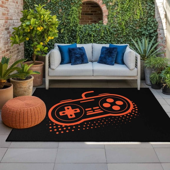 Outdoor Rug 3x5 ft Video Games Controller Outdoor Large Area Rug Non Slip Rubber Black Orange Gaming Console Front Door Mat RV Rug Carpet Patio Outdoor Rugs for Backyard Balcony Deck Porch Indoor