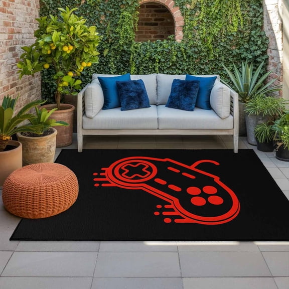Outdoor Rug 3x5 ft Video Games Controller Outdoor Large Area Rug Non Slip Rubber Black Red Gaming Console Front Door Mat RV Rug Carpet Patio Outdoor Rugs for Backyard Balcony Deck Porch Indoor