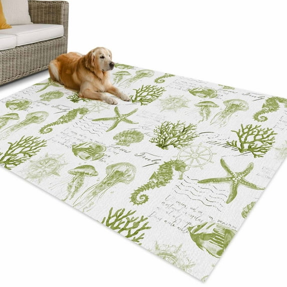 Outdoor Rug 3x5 ft Watercolor Coastal Waterproof Outdoor Patio Rug Mat Non Slip Outside Area Rugs Carpet for RV,Camping,Porch,Deck,Pool,Balconybackyard,Seahorse Starfish Pattern Sage Green