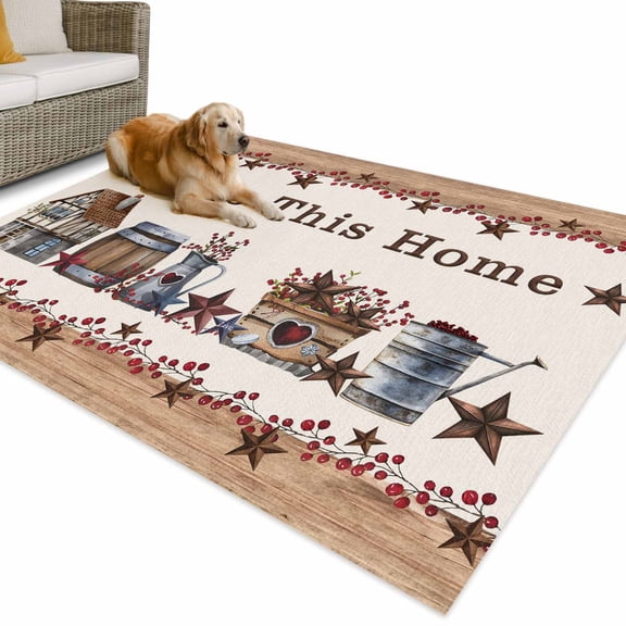 Outdoor Rug 3x5 ft Western Texas Star Wood Waterproof Outdoor Patio Rug Mat Non Slip Outside Area Rugs Carpet for RV,Camping,Porch,Deck,Pool,Balcony,Backyard, Red Berry Farmhouse Barn