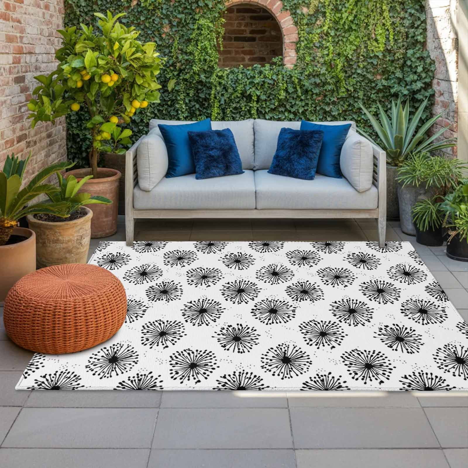 Outdoor Rug 3x5 ft White Dandelion Outdoor Large Area Rug Non Slip Rubber Pastoral Plant Front Door Mat RV Rug Camping Carpet Patio Outdoor Rugs for Backyard Balcony Deck Porch Indoor