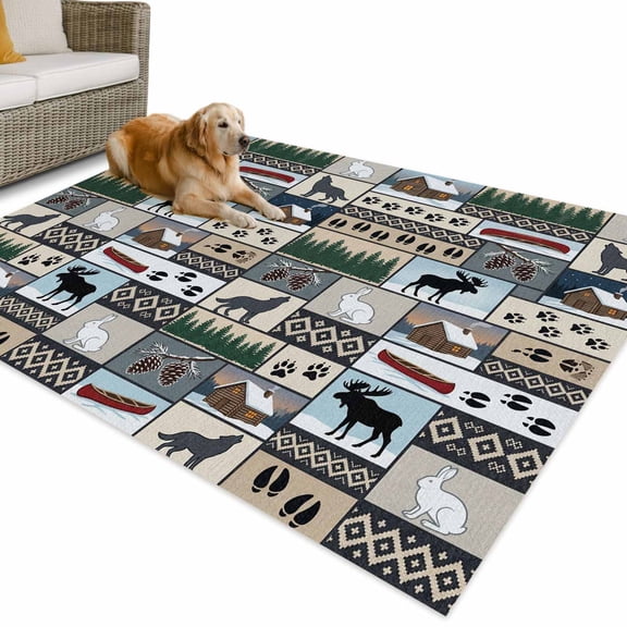 Outdoor Rug 3x5 ft Wolf Rabbit Waterproof Outdoor Patio Rug Mat Non Slip Outside Area Rugs Carpet for RV,Camping,Porch,Deck,Pool,Balcony,Backyard, Wild Animals Tree Pine Forest