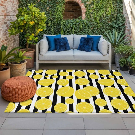 Outdoor Rug 3x5 ft Yellow Lemon Outdoor Large Area Rug Non Slip Rubber Summer Fruit Black Stripes Front Door Mat RV Rug Camping Carpet Patio Outdoor Rugs for Backyard Balcony Deck Porch Indoor