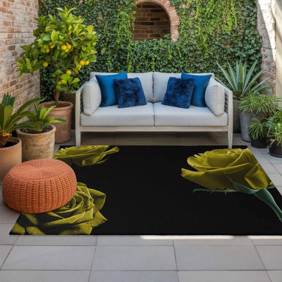 Outdoor Rug 3x5 ft Yellow Rose Outdoor Large Area Rug Non Slip Rubber Vintage Flower Garden Front Door Mat RV Rug Camping Carpet Patio Outdoor Rugs for Backyard Balcony Deck Porch Indoor