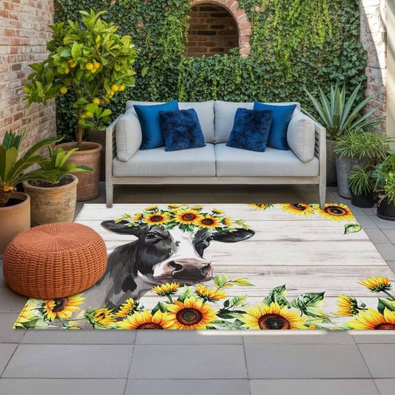 Outdoor Rug 3x5 ft Yellow Sunflower Cow Outdoor Large Area Rug Non Slip Rubber Farm Animal Wood Grain Front Door Mat RV Rug Camping Carpet Patio Outdoor Rugs for Backyard Balcony Deck Porch Indoor