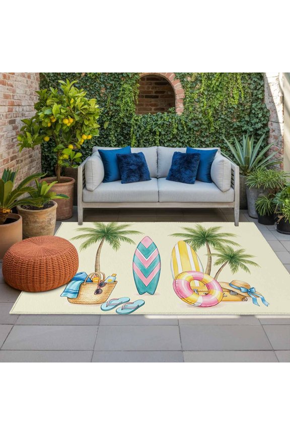 Outdoor Rug 3x5 ft Yellow Surfboard Outdoor Large Area Rug Non Slip Rubber Summer Beach Bag Palm Trees Front Door Mat RV Rug Camping Carpet Patio Outdoor Rugs for Backyard Balcony Deck Porch Indoor
