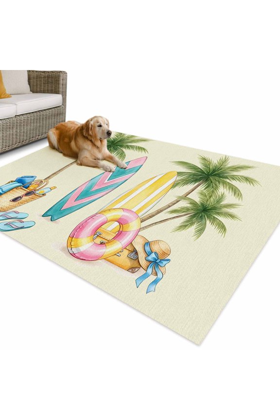 Outdoor Rug 3x5 ft Yellow Surfboard Waterproof Outdoor Patio Rug Mat Non Slip Outside Area Rugs Carpet for RV,Camping,Porch,Deck,Pool,Balcony,Backyard, Summer Beach Bag Palm Trees