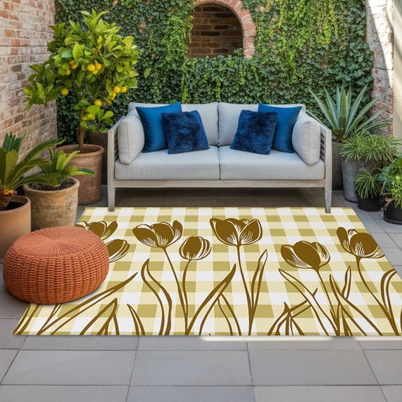 Outdoor Rug 3x5 ft Yellow Tulip Flowers Outdoor Large Area Rug Non Slip Rubber Floral Buffalo Plaid Front Door Mat RV Rug Camping Carpet Patio Outdoor Rugs for Backyard Balcony Deck Porch Indoor