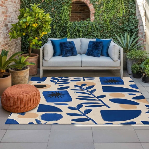 Outdoor Rug 3x5ft Abstract Blue Flowers Large Area Rug Simple Style Indoor Outdoor Carpet Outdoor Rugs Mats for Patio Camping,RV,Front Door, Outside Decor