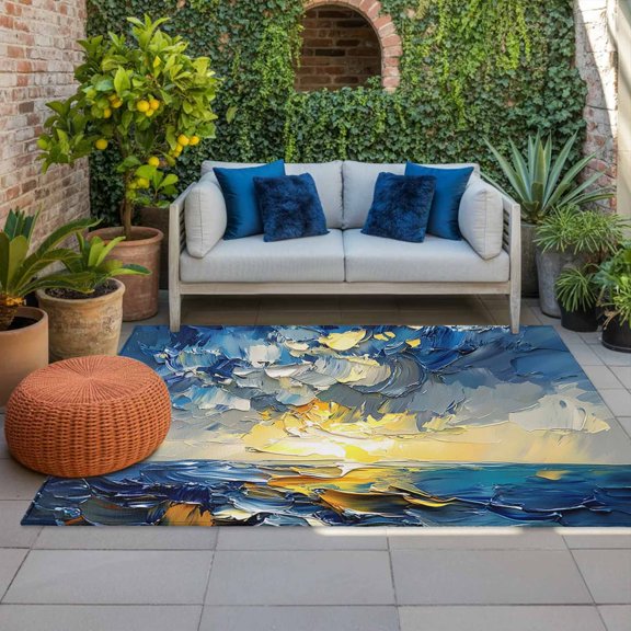 Outdoor Rug 3x5ft Abstract Blue Ocean Sky Sunshine Large Area Rug Oil Painting Indoor Outdoor Carpet Outdoor Rugs Mats for Patio Camping,RV,Front Door, Outside Decor