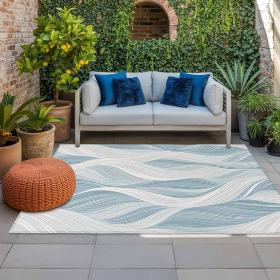 Outdoor Rug 3x5ft Abstract Blue White Wave Stripes Large Area Rug Modern Striped Texture Indoor Outdoor Carpet Outdoor Rugs Mats for Patio Camping,RV,Front Door, Outside Decor