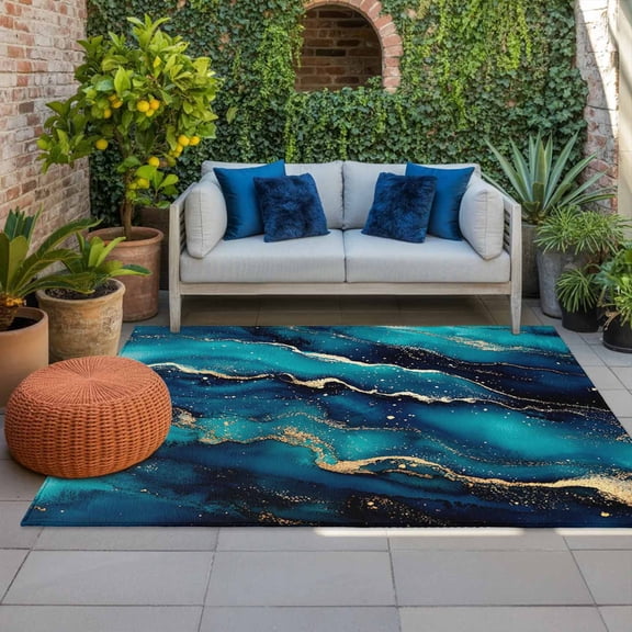 Outdoor Rug 3x5ft Abstract Marble Large Area Rug Modern Blue Gold Watercolor Indoor Outdoor Carpet Outdoor Rugs Mats for Patio Camping,RV,Front Door, Outside Decor