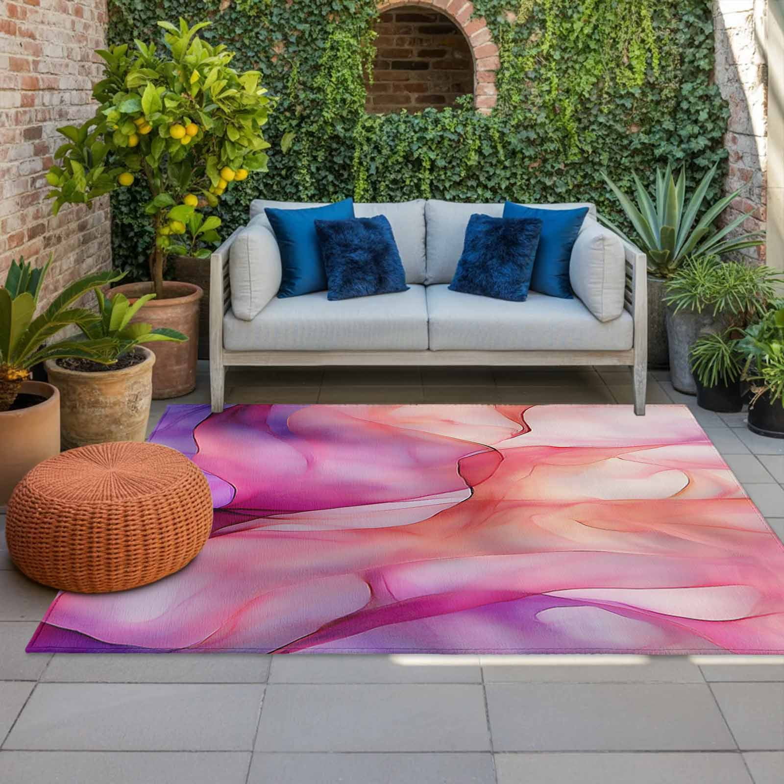 Outdoor Rug 3x5ft Abstract Ombre Pink Marble Large Area Rug Modern Art Indoor Outdoor Carpet Outdoor Rugs Mats for Patio Camping,RV,Front Door, Outside Decor