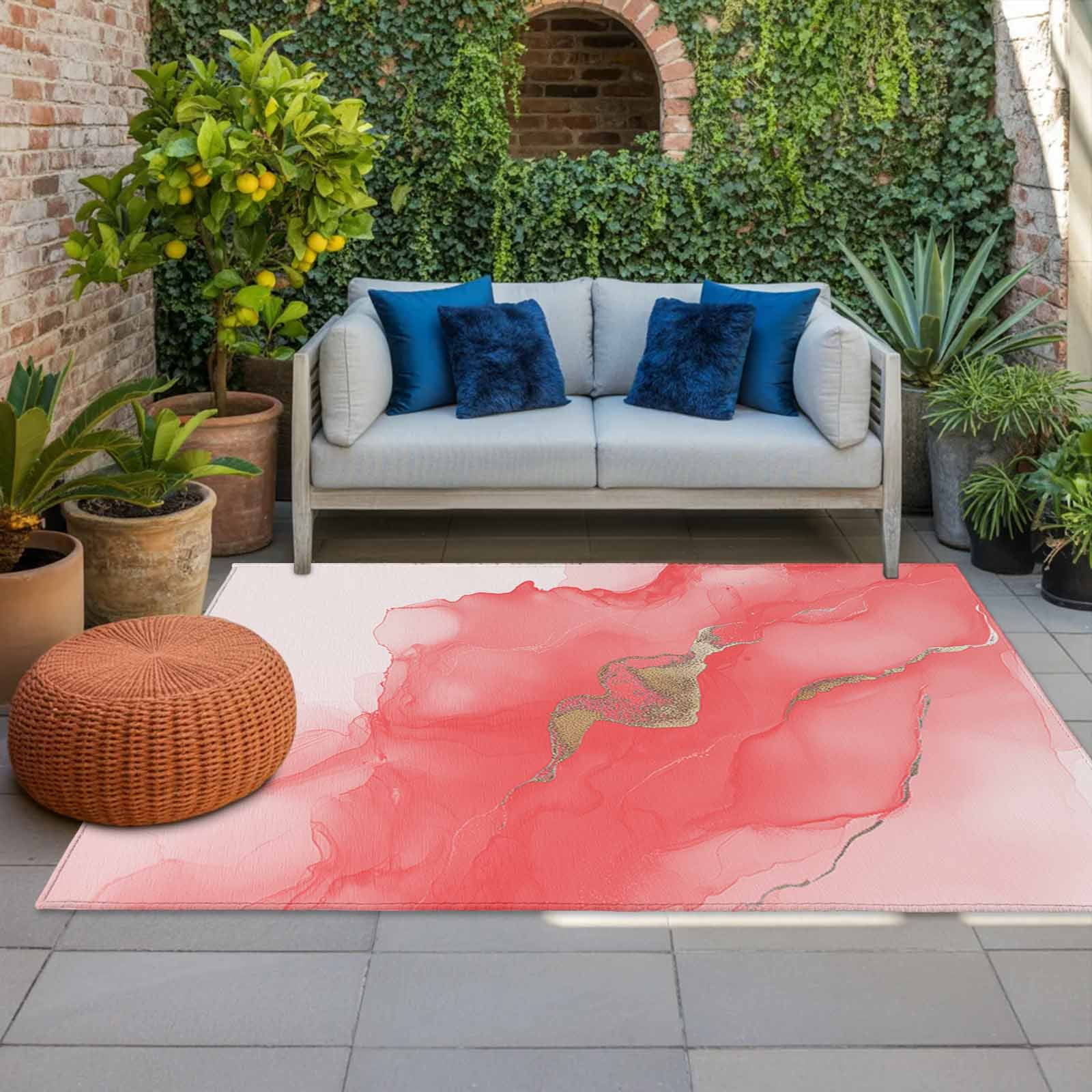 Outdoor Rug 3x5ft Abstract Ombre Pink Marble Large Area Rug White Modern Art Indoor Outdoor Carpet Outdoor Rugs Mats for Patio Camping,RV,Front Door, Outside Decor