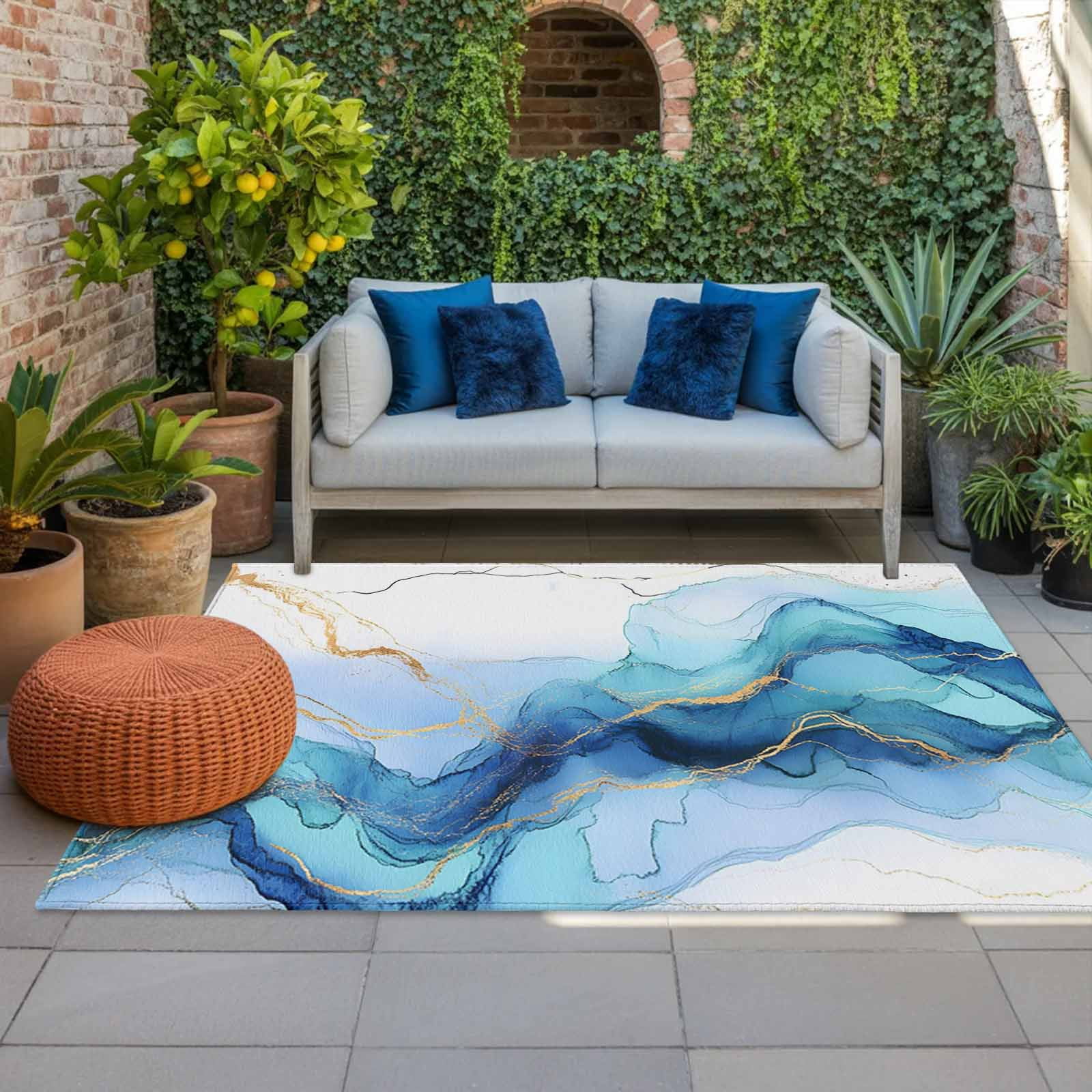 Outdoor Rug 3x5ft Abstract Ombre White Blue Marble Large Area Rug Modern Art Indoor Outdoor Carpet Outdoor Rugs Mats for Patio Camping,RV,Front Door, Outside Decor