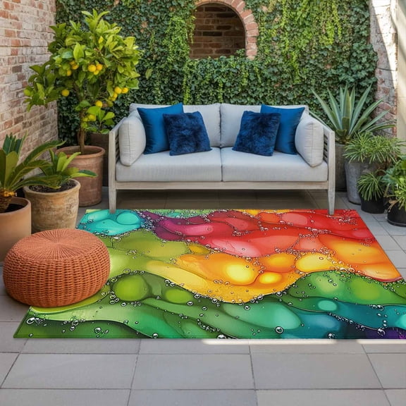 Outdoor Rug 3x5ft Abstract Rainbow Wave Large Area Rug Yellow Red Green Indoor Outdoor Carpet Outdoor Rugs Mats for Patio Camping,RV,Front Door, Outside Decor