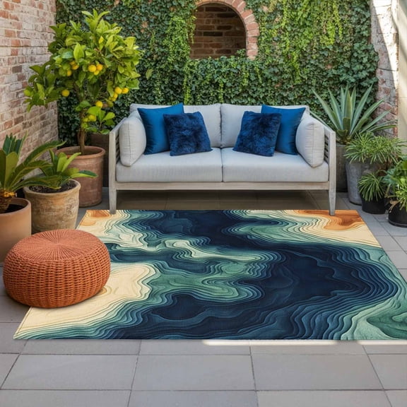 Outdoor Rug 3x5ft Abstract Waves Large Area Rug Abstract Art Indoor Outdoor Carpet Outdoor Rugs Mats for Patio Camping,RV,Front Door, Outside Decor