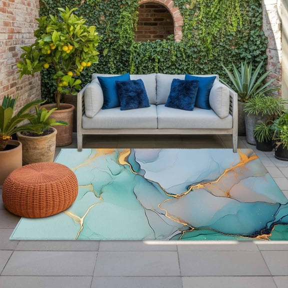 Outdoor Rug 3x5ft Aqua Cyan Marble Large Area Rug Abstract Art Indoor Outdoor Carpet Outdoor Rugs Mats for Patio Camping,RV,Front Door, Outside Decor