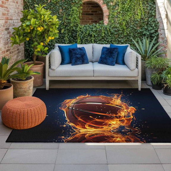 Outdoor Rug 3x5ft Basketball Blaze Fire Flame Large Area Rug Technological Sport Style Indoor Outdoor Carpet Outdoor Rugs Mats for Patio Camping,RV,Front Door, Outside Decor