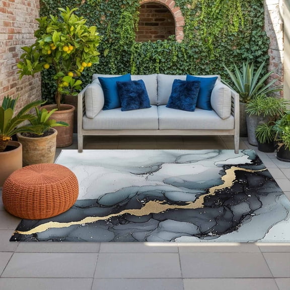 Outdoor Rug 3x5ft Black Gold Marble Texture Large Area Rug Abstract Style Indoor Outdoor Carpet Outdoor Rugs Mats for Patio Camping,RV,Front Door, Outside Decor