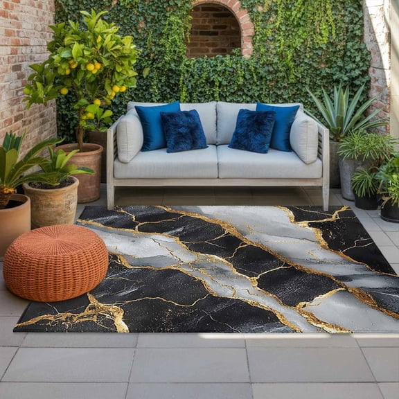 Outdoor Rug 3x5ft Black Gray Marble Large Area Rug Golden Abstract Art Indoor Outdoor Carpet Outdoor Rugs Mats for Patio Camping,RV,Front Door, Outside Decor