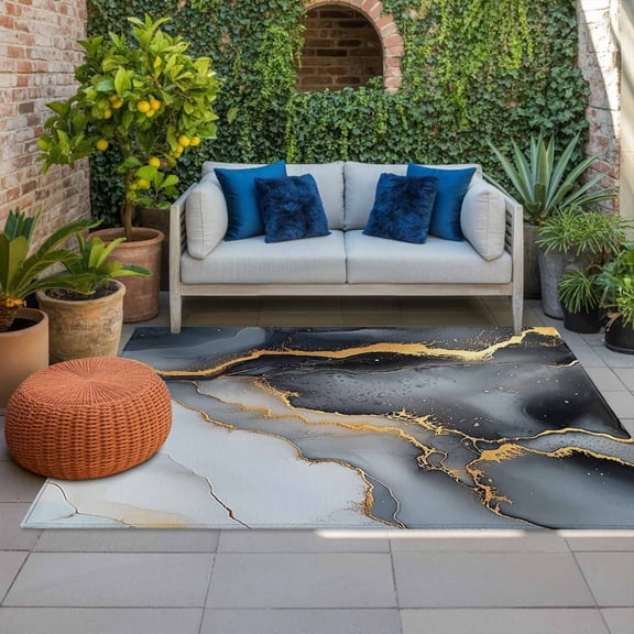 Outdoor Rug 3x5ft Black Grey Marble Large Area Rug Gold Modern Art Indoor Outdoor Carpet Outdoor Rugs Mats for Patio Camping,RV,Front Door, Outside Decor
