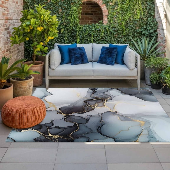 Outdoor Rug 3x5ft Black Marble Large Area Rug Golden Waves Abstract Art Indoor Outdoor Carpet Outdoor Rugs Mats for Patio Camping,RV,Front Door, Outside Decor