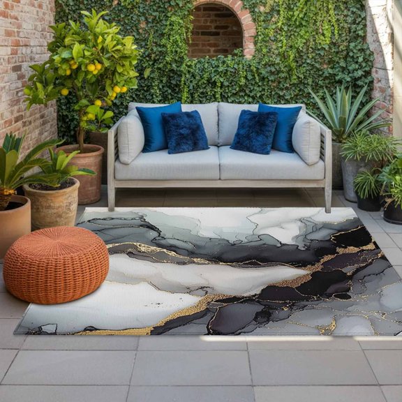 Outdoor Rug 3x5ft Black White Marble Large Area Rug Waves Abstract Art Indoor Outdoor Carpet Outdoor Rugs Mats for Patio Camping,RV,Front Door, Outside Decor