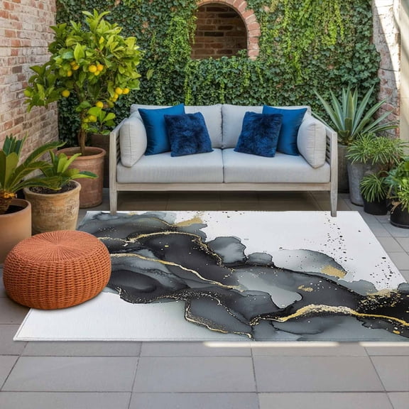 Outdoor Rug 3x5ft Black White Marble Large Area Rug Waves Abstract Indoor Outdoor Carpet Outdoor Rugs Mats for Patio Camping,RV,Front Door, Outside Decor