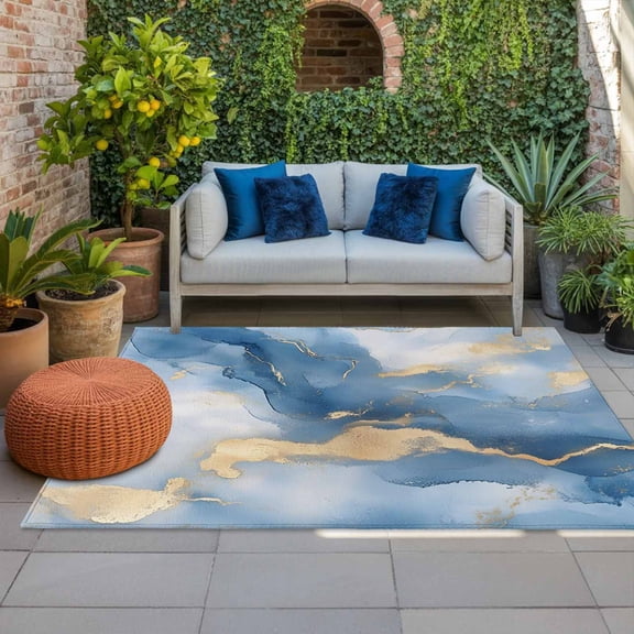 Outdoor Rug 3x5ft Blue Marble Large Area Rug Golden Ripple Abstract Art Indoor Outdoor Carpet Outdoor Rugs Mats for Patio Camping,RV,Front Door, Outside Decor