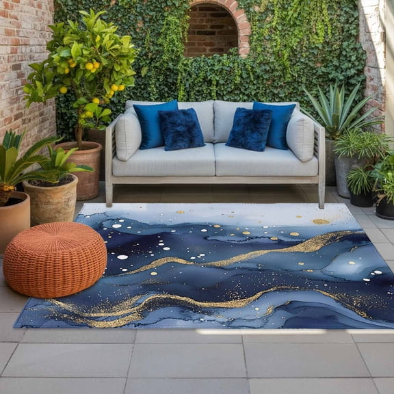 Outdoor Rug 3x5ft Blue Marble Large Area Rug Golden Waves Abstract Art Indoor Outdoor Carpet Outdoor Rugs Mats for Patio Camping,RV,Front Door, Outside Decor