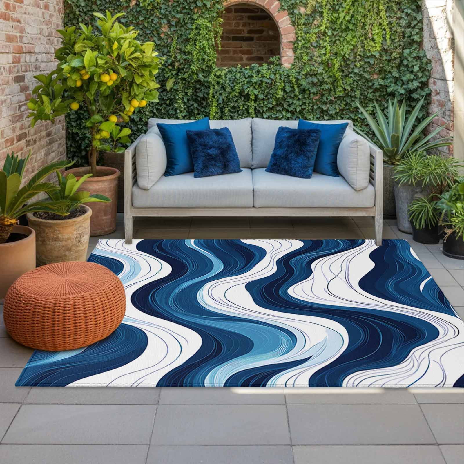 Outdoor Rug 3x5ft Blue White Waves Modern Large Area Rug Abstract ...