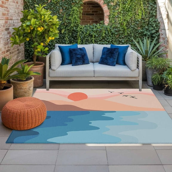 Outdoor Rug 3x5ft Boho Abstract Minimalist Large Area Rug Sunset Mountain Mid Century Indoor Outdoor Carpet Outdoor Rugs Mats for Patio Camping,RV,Front Door, Outside Decor