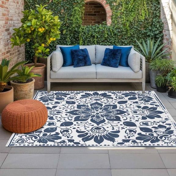 Outdoor Rug 3x5ft Boho Floral Leaves Large Area Rug Blue Datura Flowers Indoor Outdoor Carpet Outdoor Rugs Mats for Patio Camping,RV,Front Door, Outside Decor