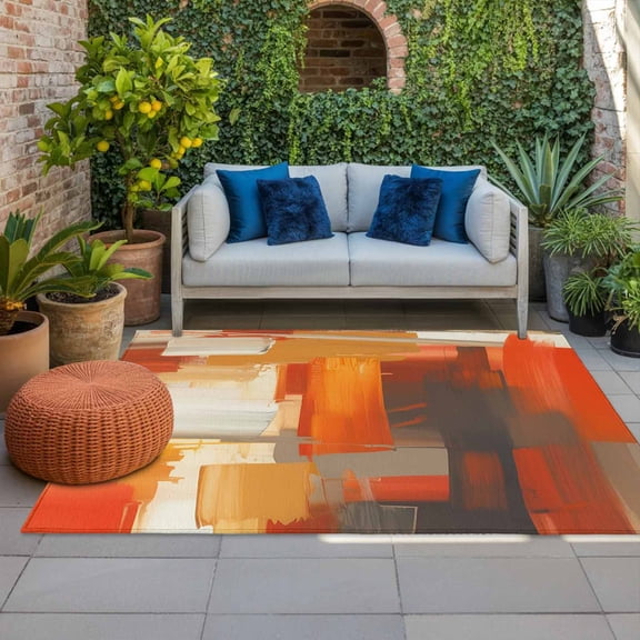 Outdoor Rug 3x5ft Brunt Orange Abstract Painting Large Area Rug Modern Art Indoor Outdoor Carpet Outdoor Rugs Mats for Patio Camping,RV,Front Door, Outside Decor