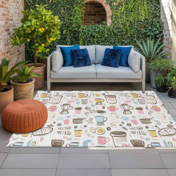 Outdoor Rug 3x5ft Cartoon Coffee Beans Machine Large Area Rug Simple Indoor Outdoor Carpet Outdoor Rugs Mats for Patio Camping,RV,Front Door, Outside Decor